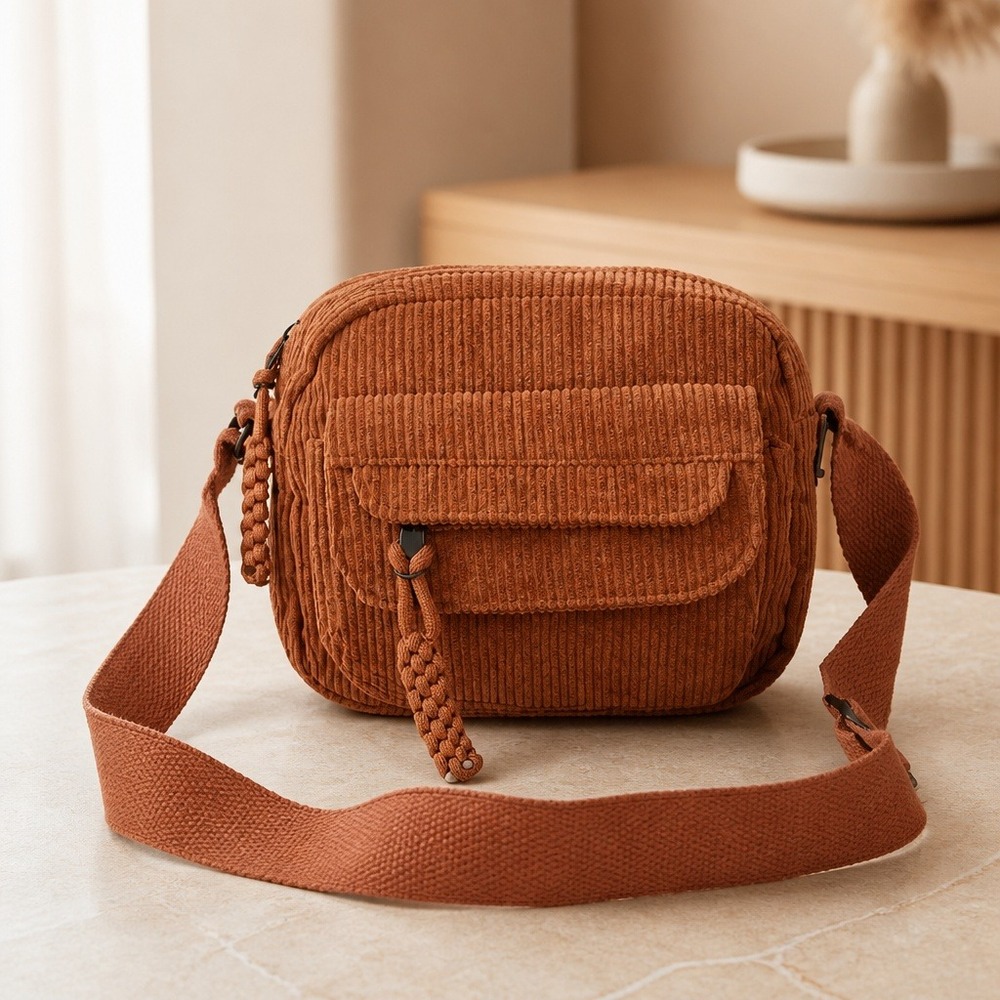 Burnt Orange Corduroy Crossbody Bag Adjustable Strap Front Flap Pocket Rust